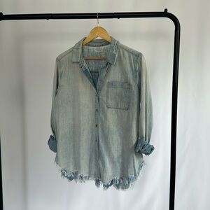 Distressed Denim Chambray Long Sleeved Button Down | Did You Say Canadian Tuxedo